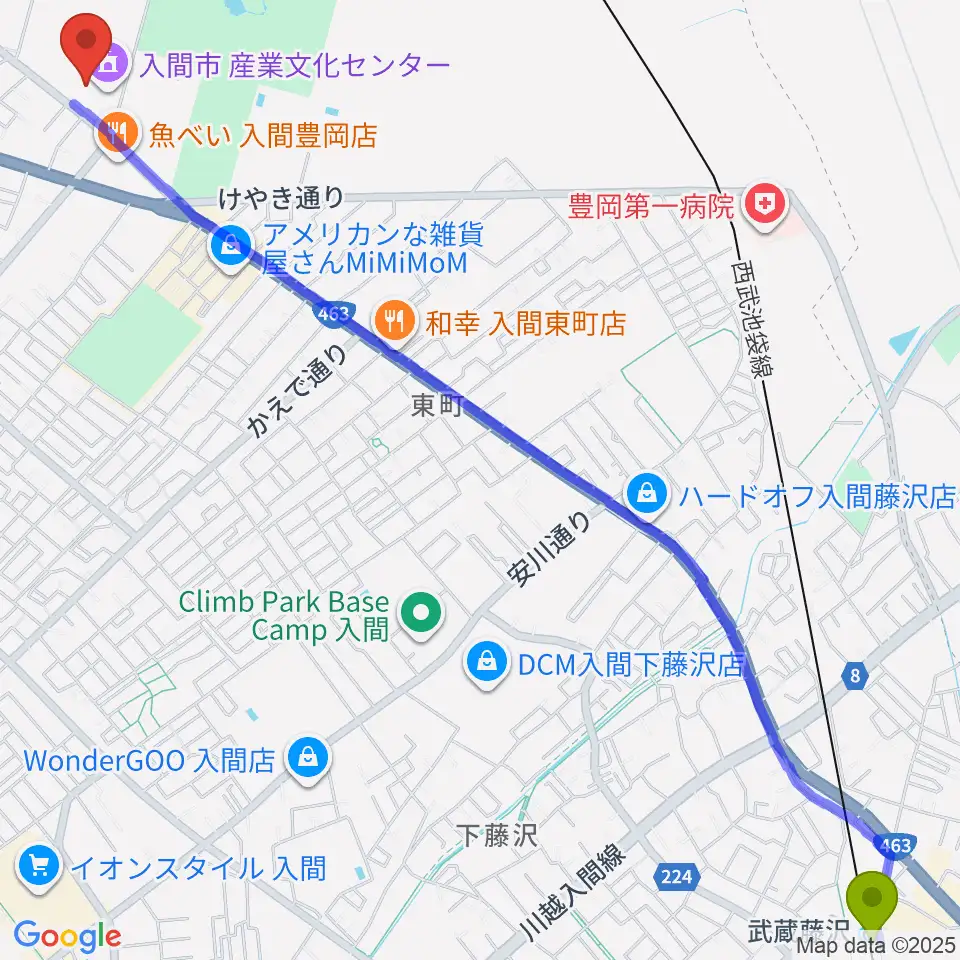 武蔵藤沢駅から入間市産業文化センターへのルートマップ地図