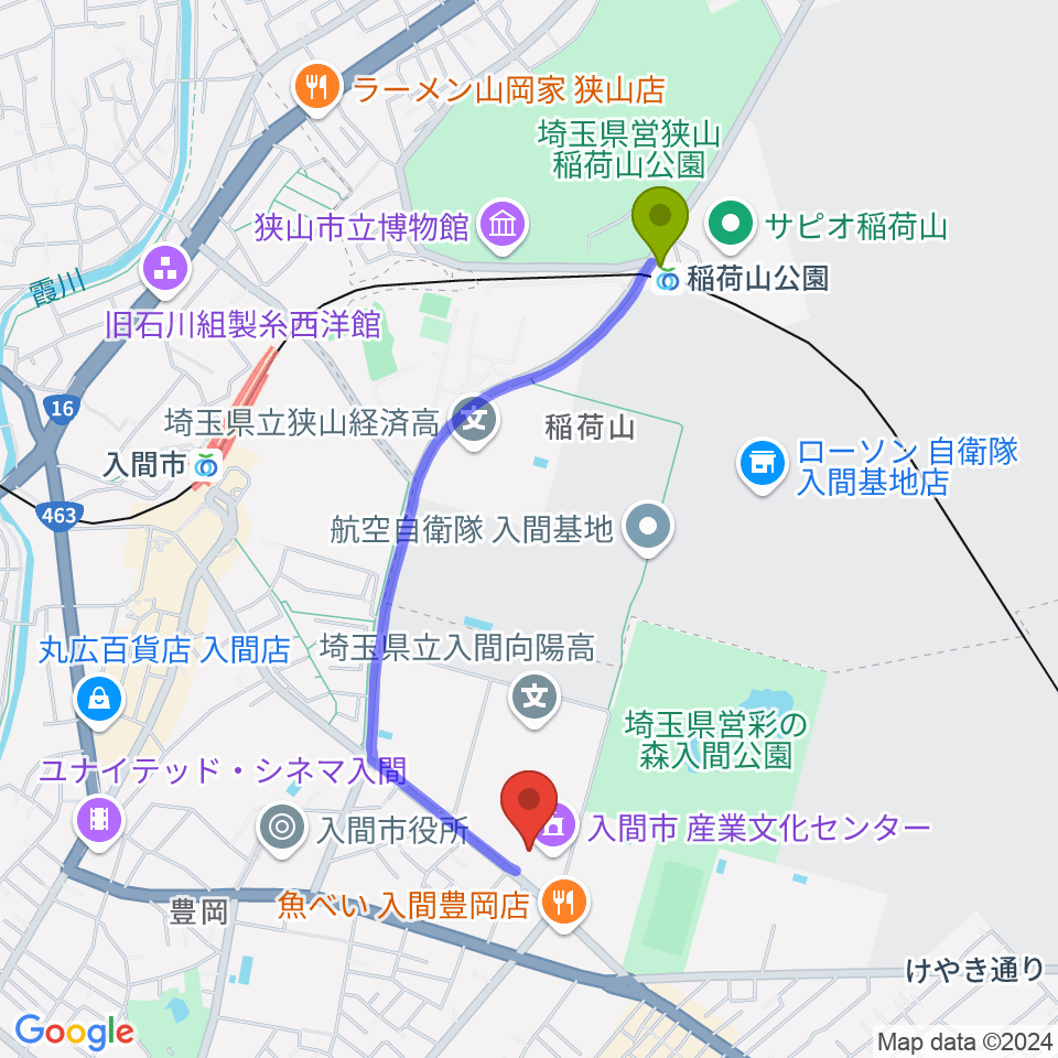 稲荷山公園駅から入間市産業文化センターへのルートマップ地図