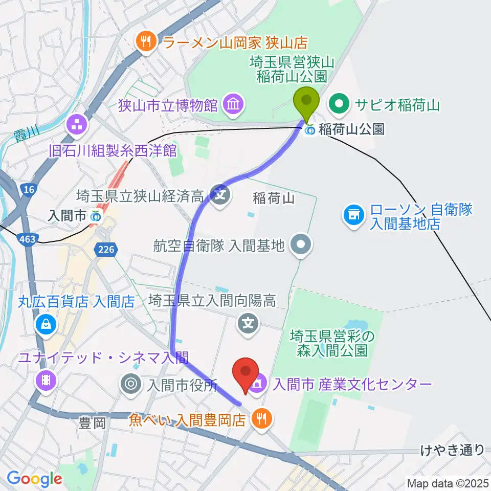 稲荷山公園駅から入間市産業文化センターへのルートマップ地図