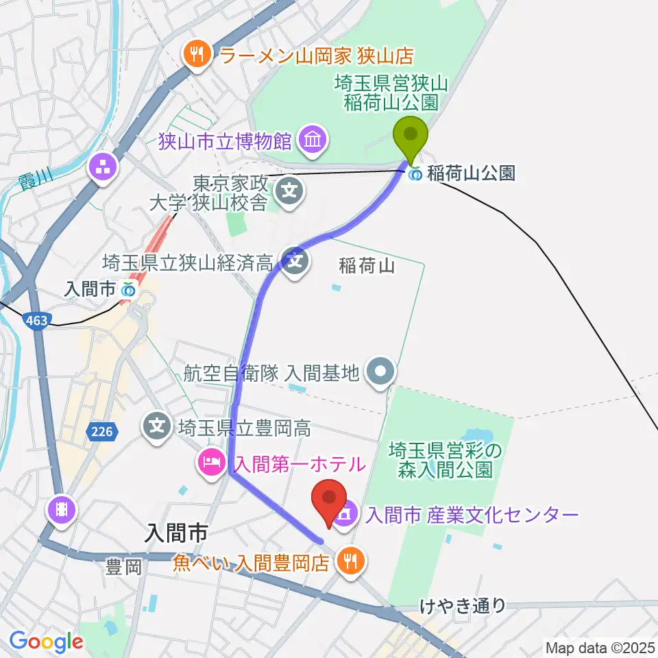稲荷山公園駅から入間市産業文化センターへのルートマップ地図