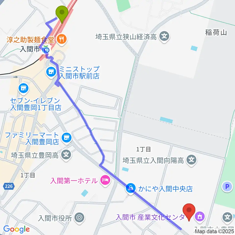 入間市産業文化センターの最寄駅入間市駅からの徒歩ルート（約15分）地図