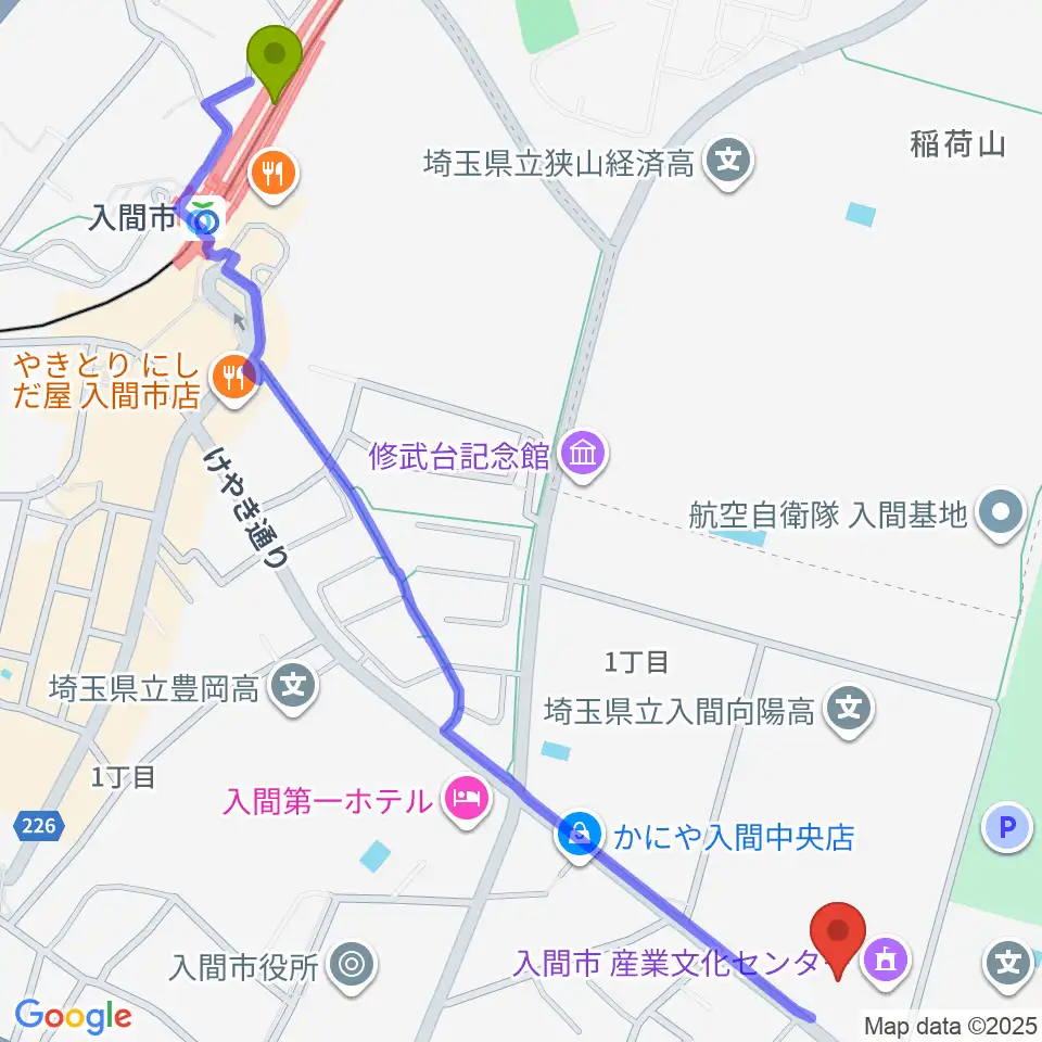 入間市産業文化センターの最寄駅入間市駅からの徒歩ルート（約15分）地図