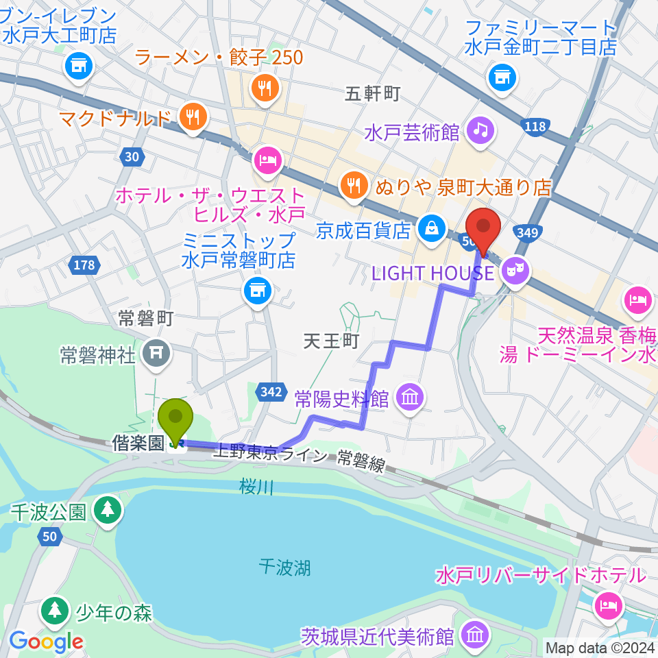 record KNOXの最寄駅偕楽園駅からの徒歩ルート（約17分）地図