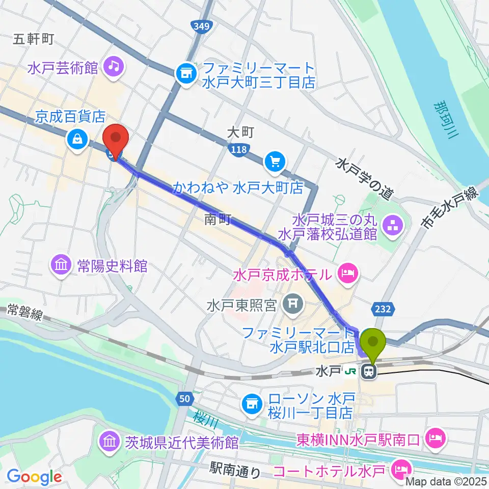 水戸駅からrecord KNOXへのルートマップ地図