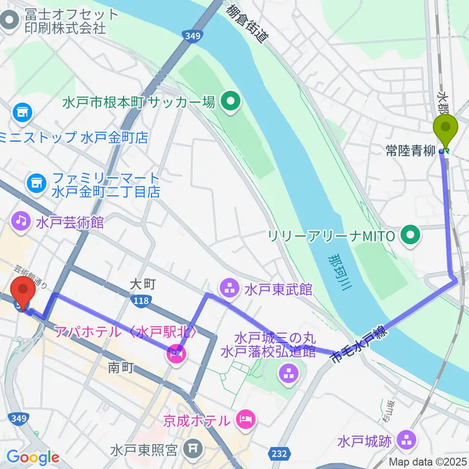 常陸青柳駅からrecord KNOXへのルートマップ地図