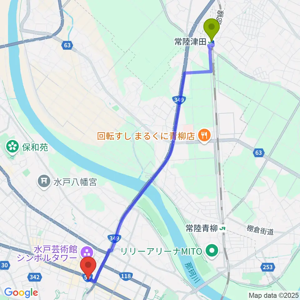常陸津田駅からrecord KNOXへのルートマップ地図