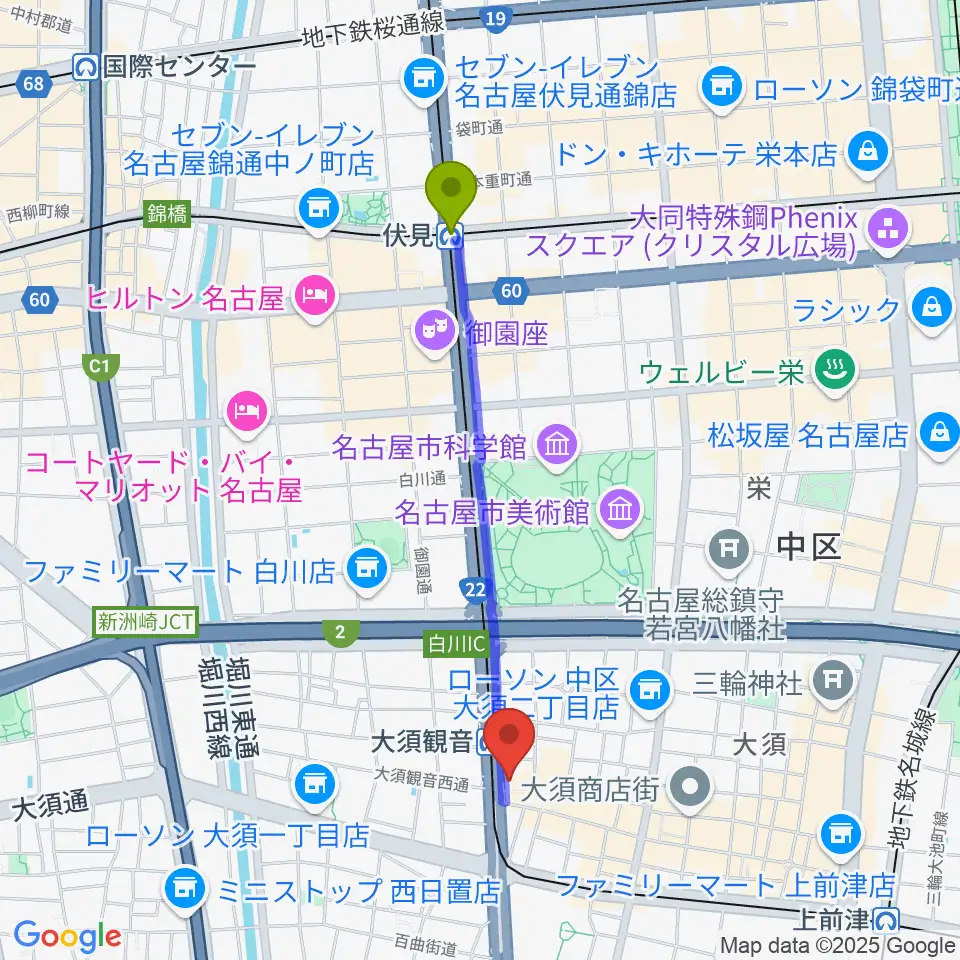 伏見駅からアンリミッツ大須へのルートマップ地図