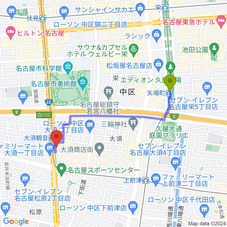 矢場町駅からアンリミッツ大須へのルートマップ地図