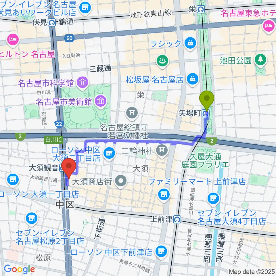 矢場町駅からアンリミッツ大須へのルートマップ地図