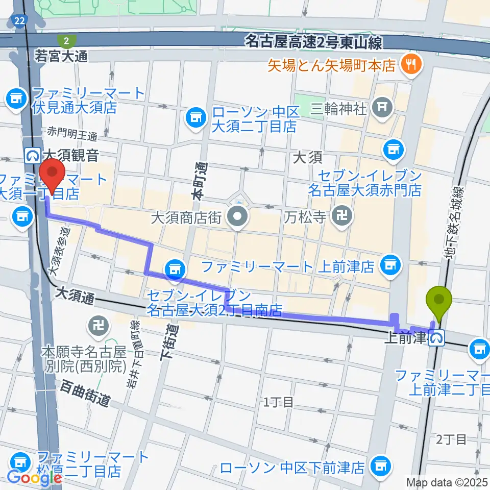 上前津駅からアンリミッツ大須へのルートマップ地図