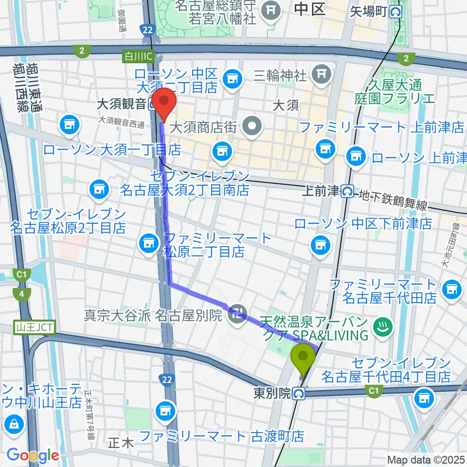 東別院駅からアンリミッツ大須へのルートマップ地図