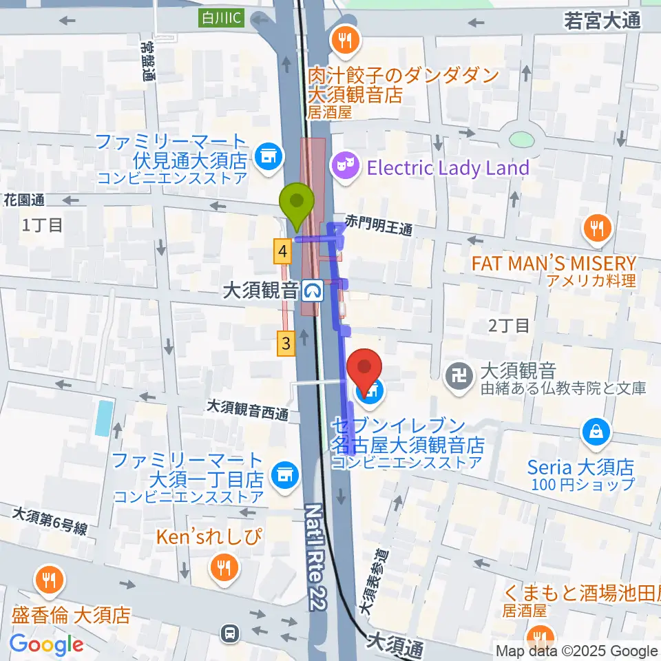 アンリミッツ大須の最寄駅大須観音駅からの徒歩ルート（約2分）地図