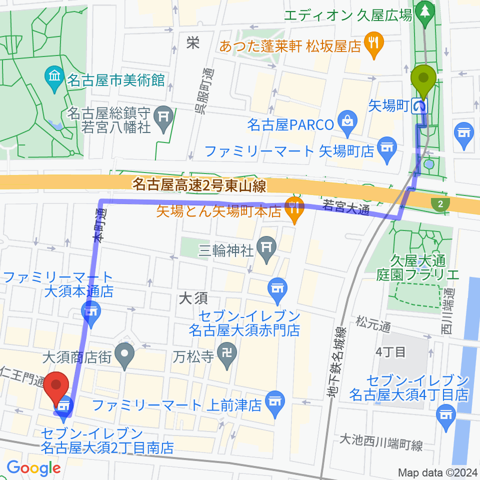 矢場町駅からレコードショップZOOへのルートマップ地図