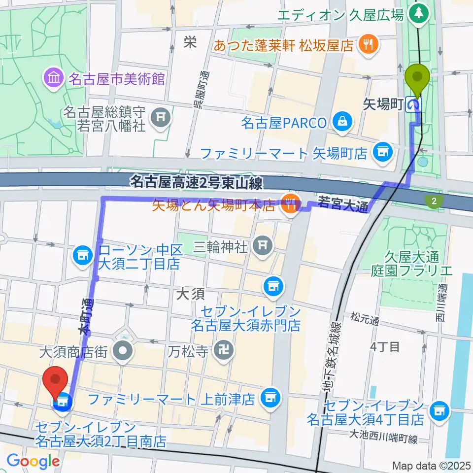 矢場町駅からレコードショップZOOへのルートマップ地図