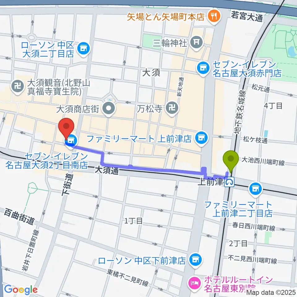 上前津駅からレコードショップZOOへのルートマップ地図