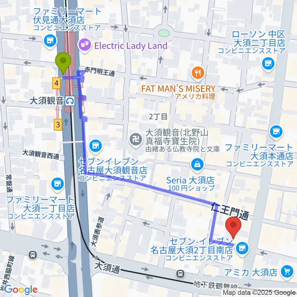 レコードショップZOOの最寄駅大須観音駅からの徒歩ルート（約6分）地図