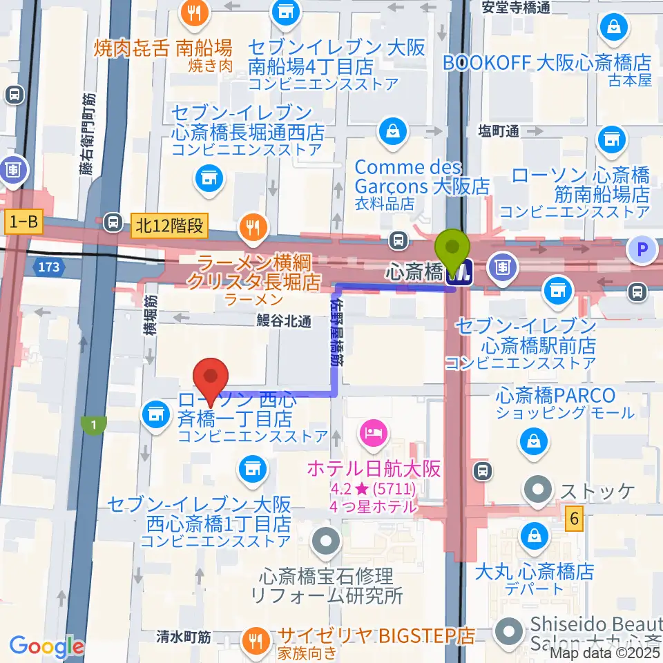 心斎橋駅からニュートーン・レコーズへのルートマップ地図