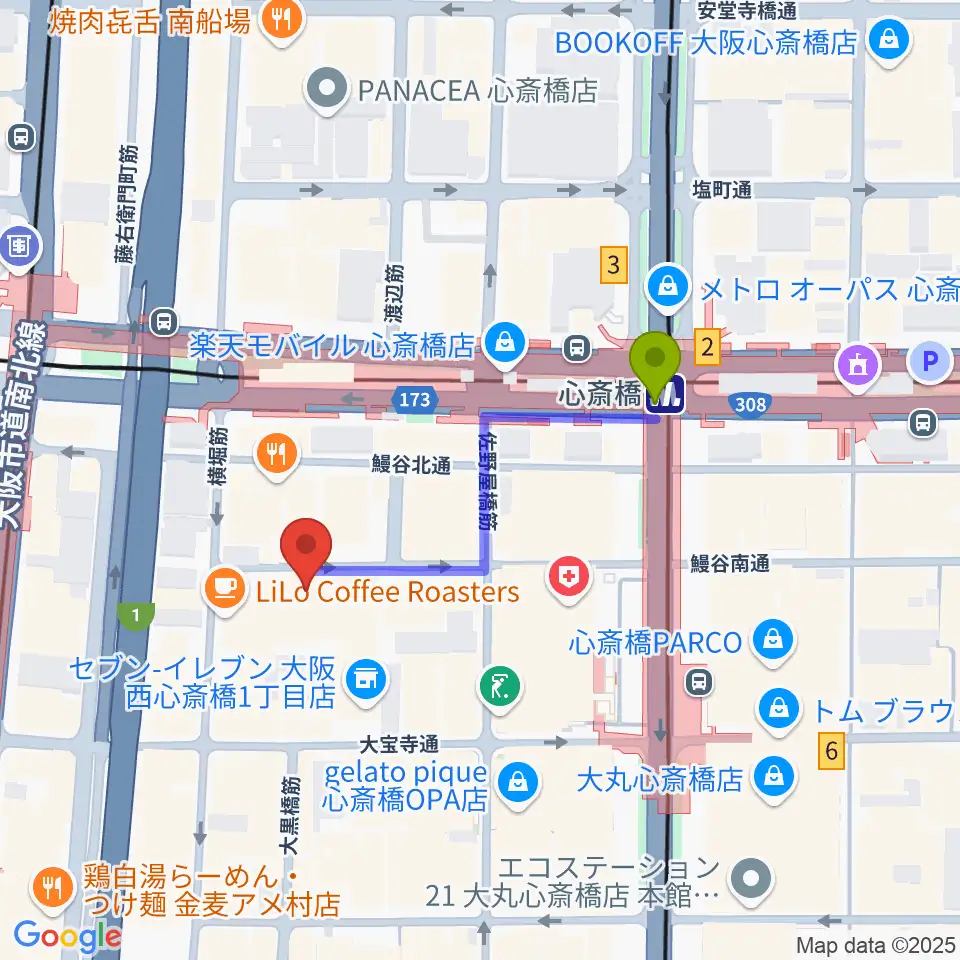心斎橋駅からNEWTONE RECORDSへのルートマップ地図