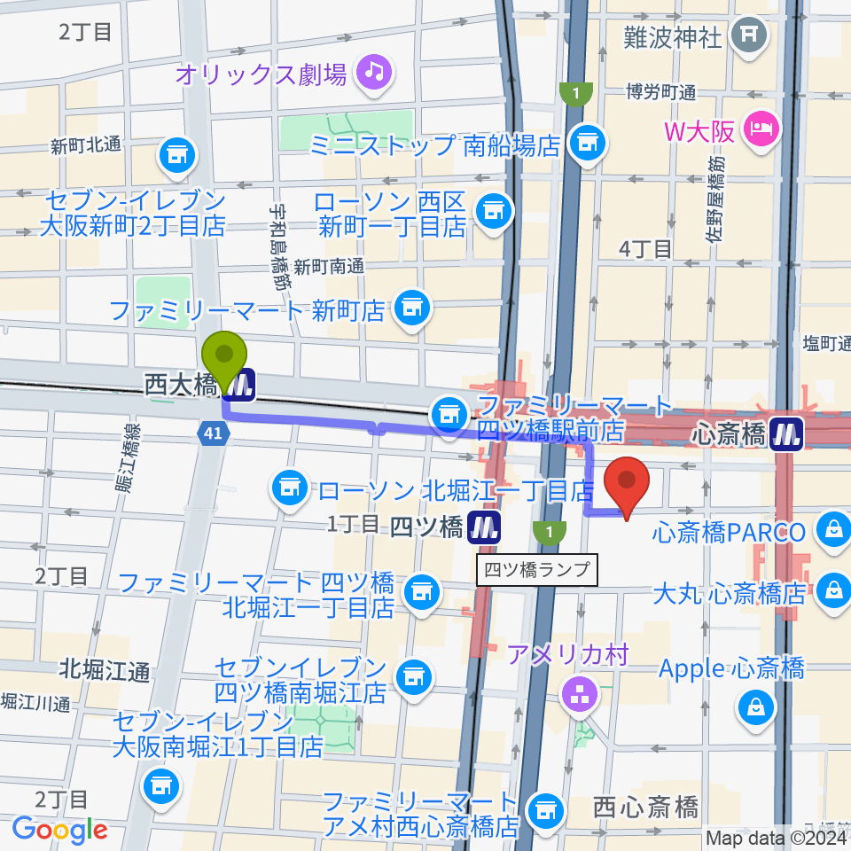 西大橋駅からニュートーン・レコーズへのルートマップ地図