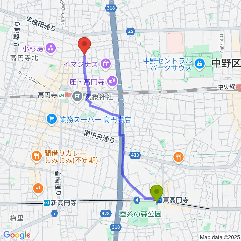 東高円寺駅から高円寺ヨーロピアンパパへのルートマップ地図