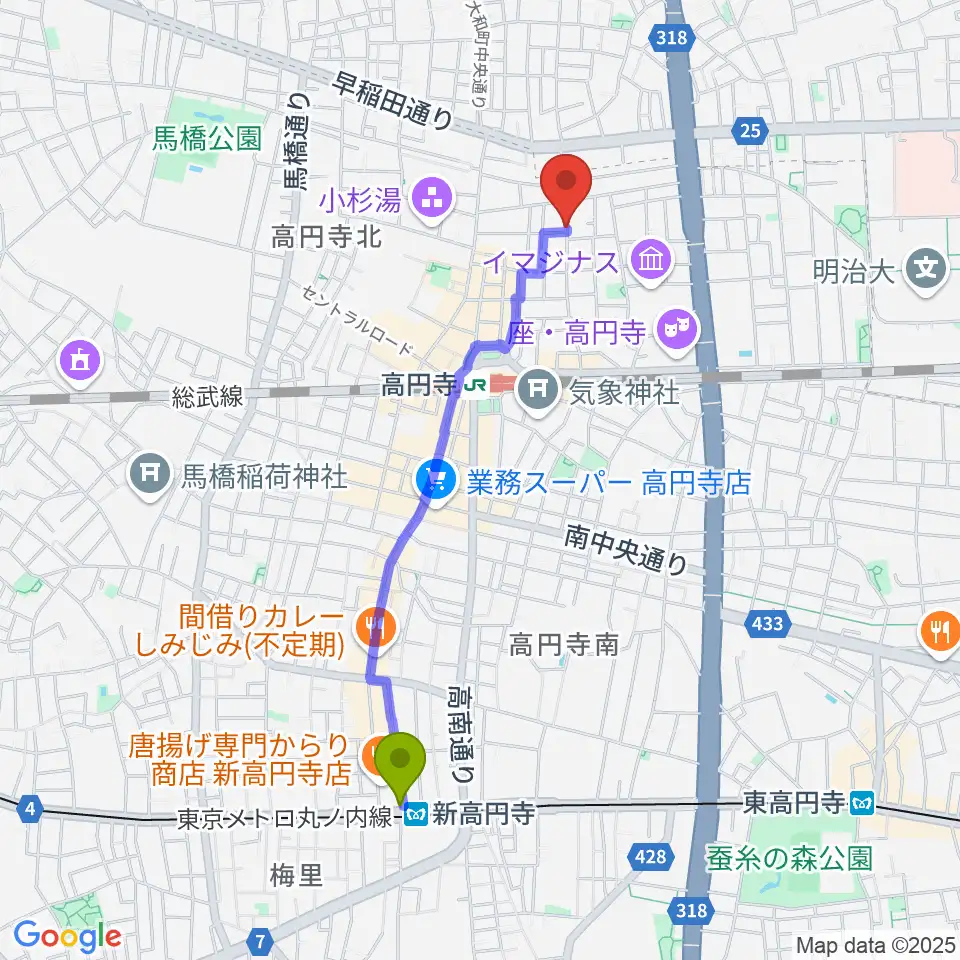 新高円寺駅から高円寺ヨーロピアンパパへのルートマップ地図