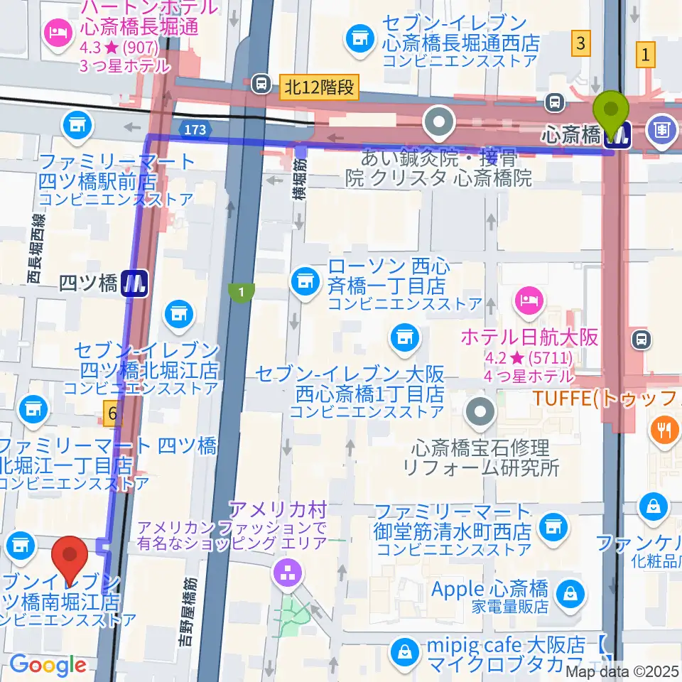 心斎橋駅からTIME BOMB RECORDSへのルートマップ地図