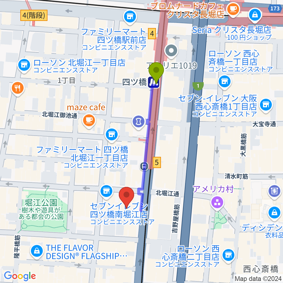 TIME BOMB RECORDSの最寄駅四ツ橋駅からの徒歩ルート（約4分）地図