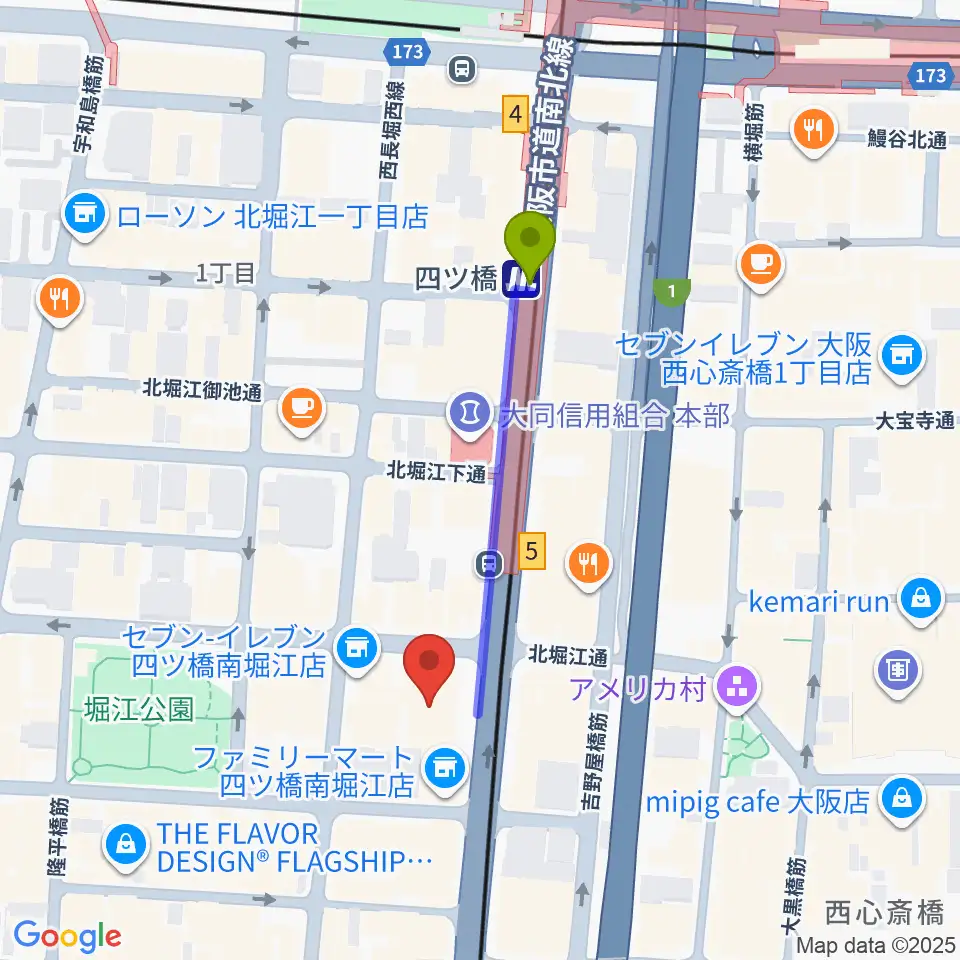 TIME BOMB RECORDSの最寄駅四ツ橋駅からの徒歩ルート（約4分）地図