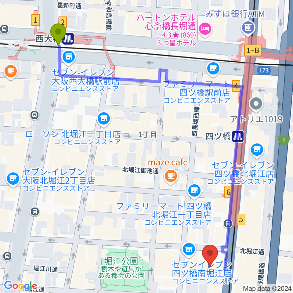 西大橋駅からTIME BOMB RECORDSへのルートマップ地図