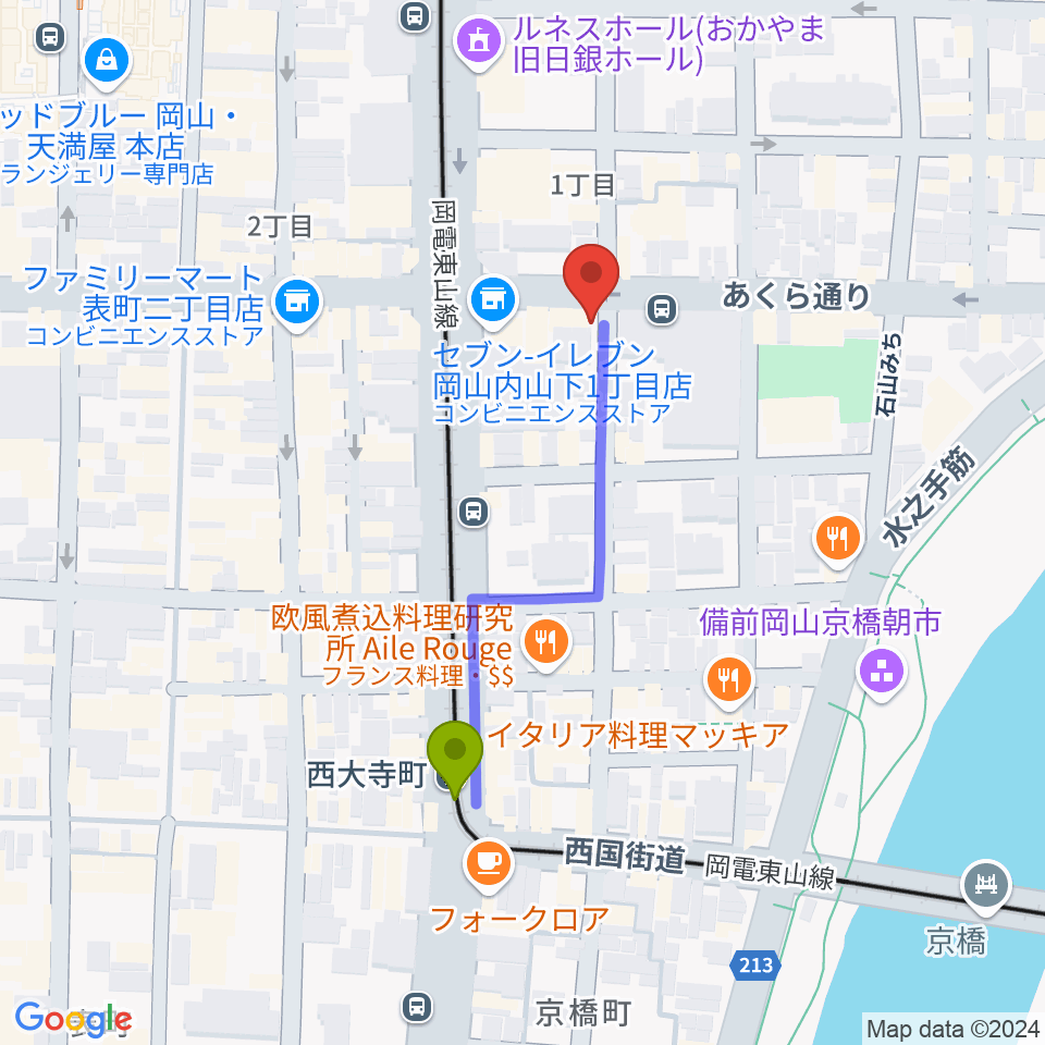 record shop DIG DIGの最寄駅西大寺町駅からの徒歩ルート（約4分）地図