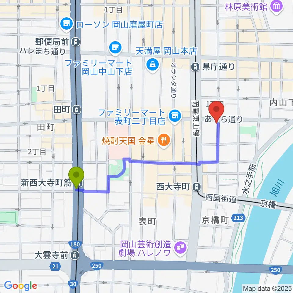 新西大寺町筋駅からrecord shop DIG DIGへのルートマップ地図