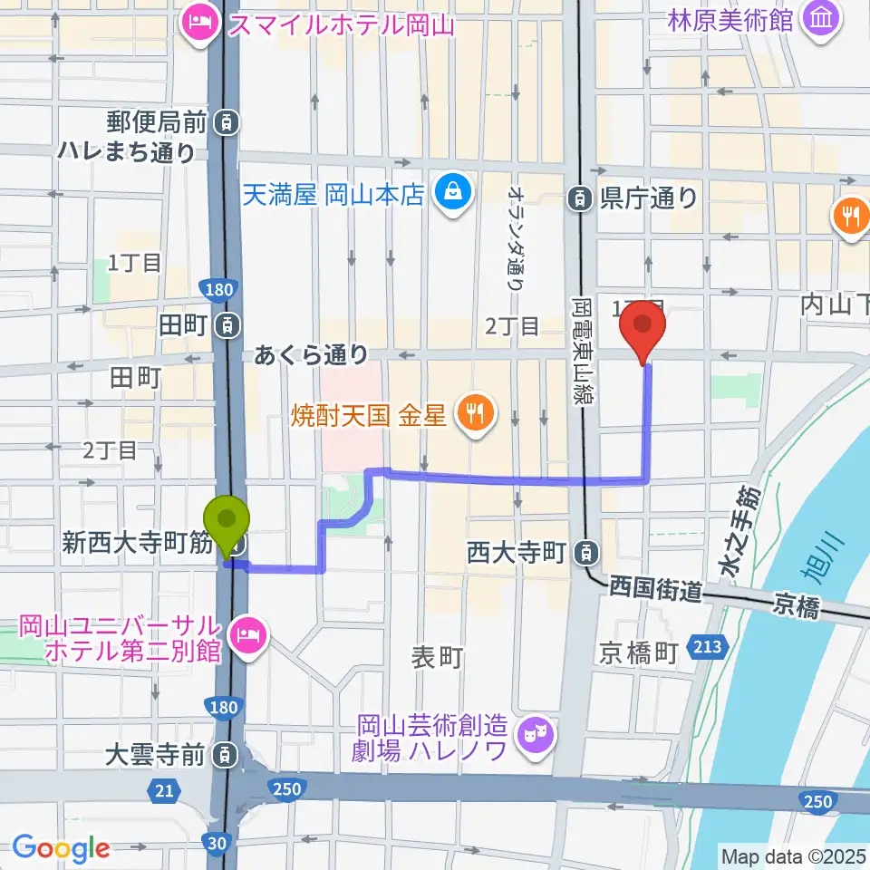 新西大寺町筋駅からrecord shop DIG DIGへのルートマップ地図