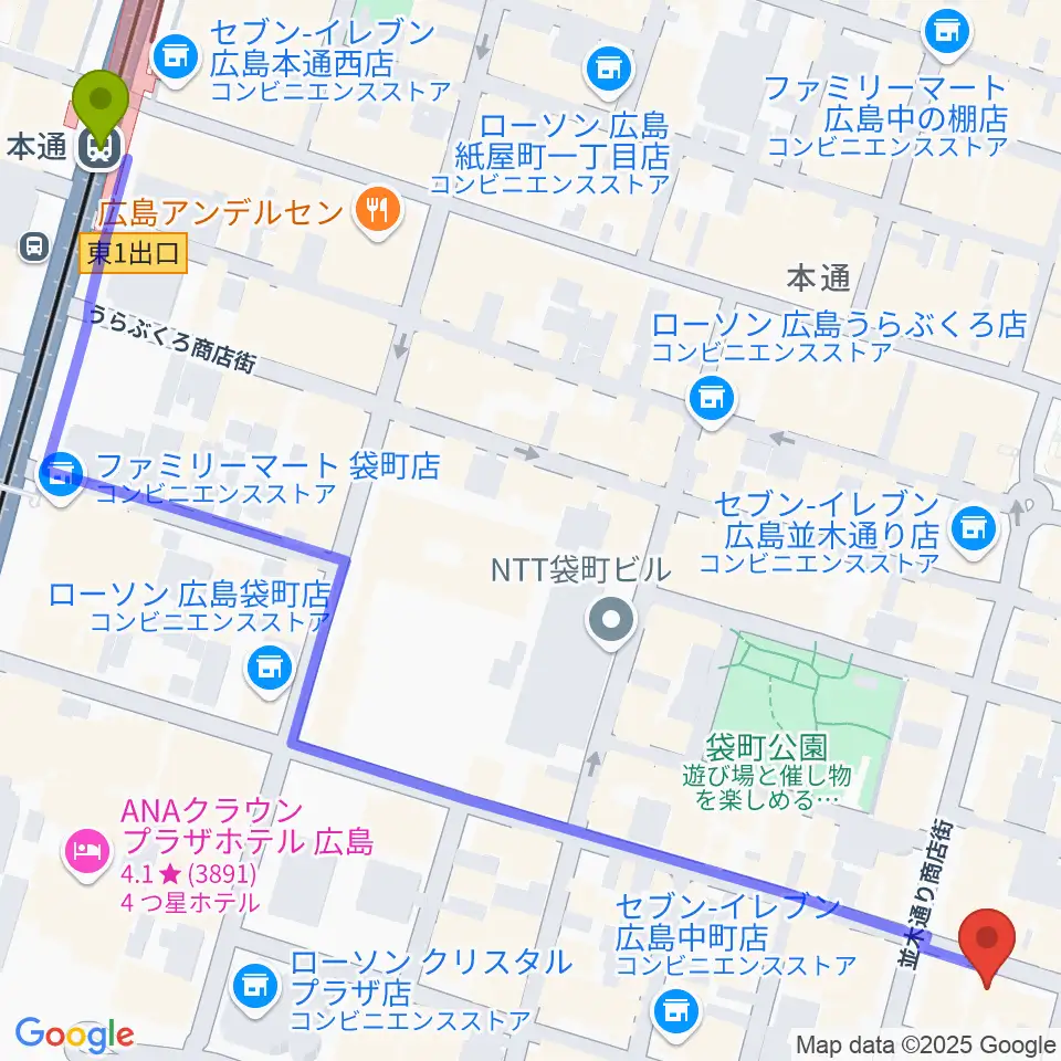 本通駅から広島ダムレコーズへのルートマップ地図