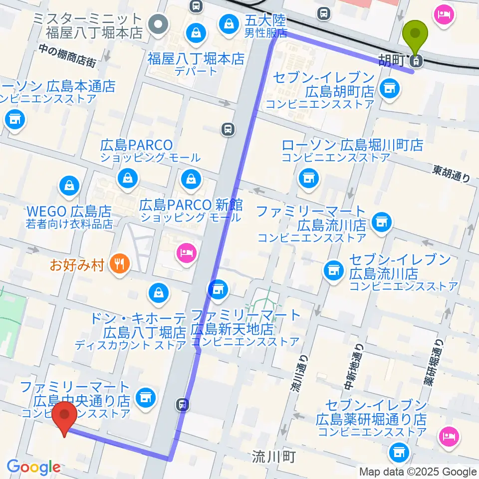 胡町駅から広島ダムレコーズへのルートマップ地図