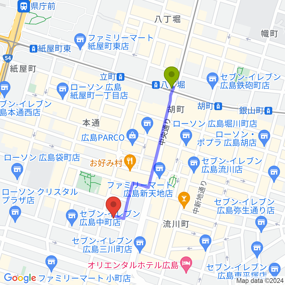 広島ダムレコーズの最寄駅八丁堀駅からの徒歩ルート（約8分）地図