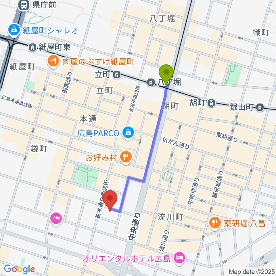 広島ダムレコーズの最寄駅八丁堀駅からの徒歩ルート（約8分）地図