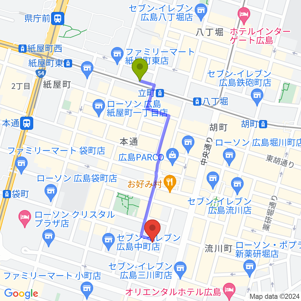 立町駅から広島ダムレコーズへのルートマップ地図