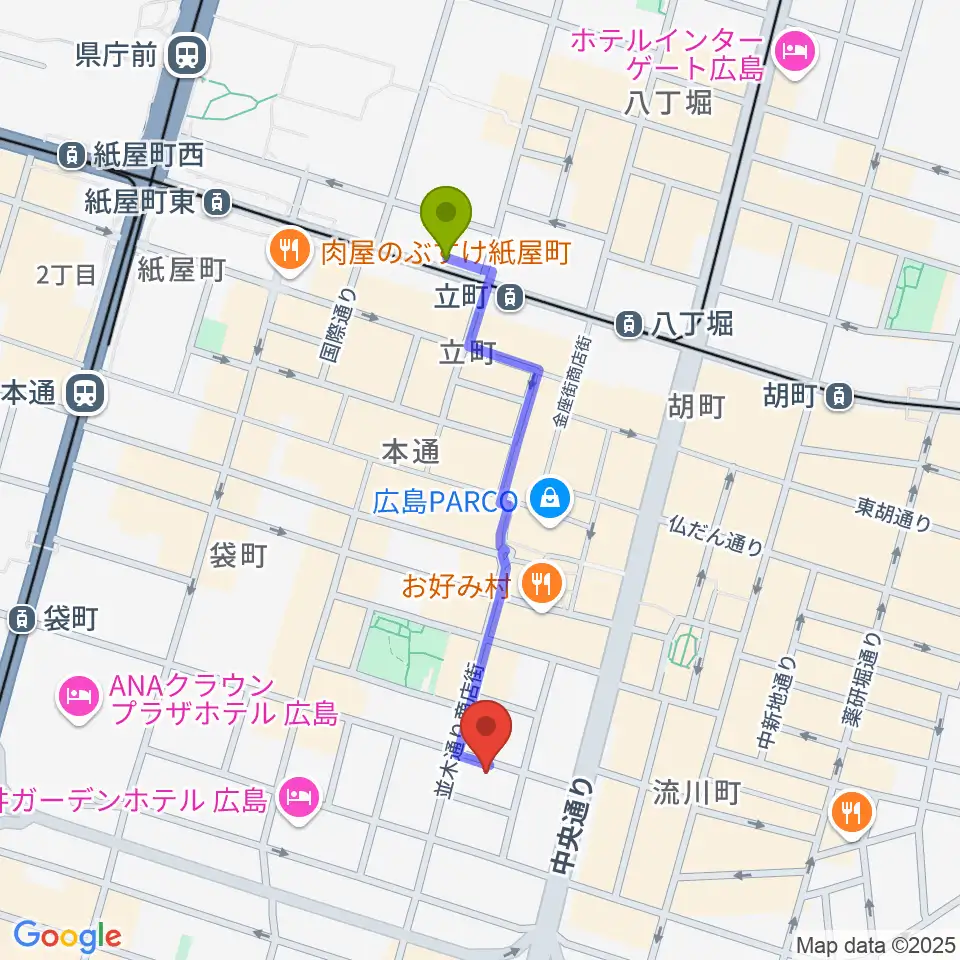 立町駅から広島ダムレコーズへのルートマップ地図