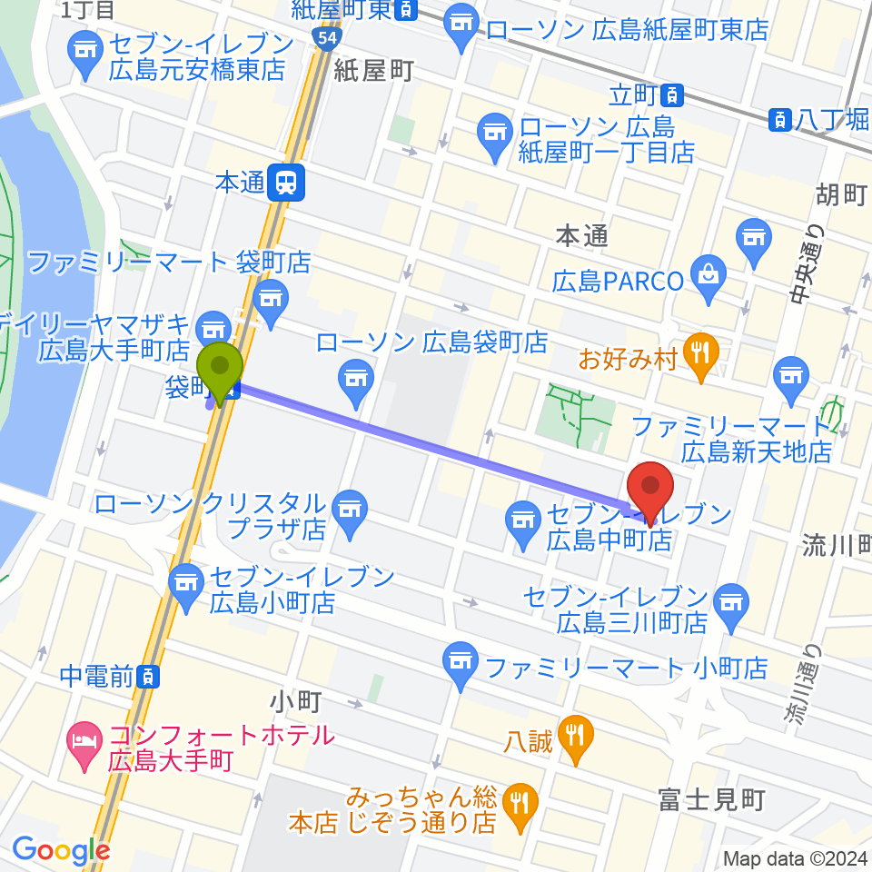 袋町駅から広島ダムレコーズへのルートマップ地図