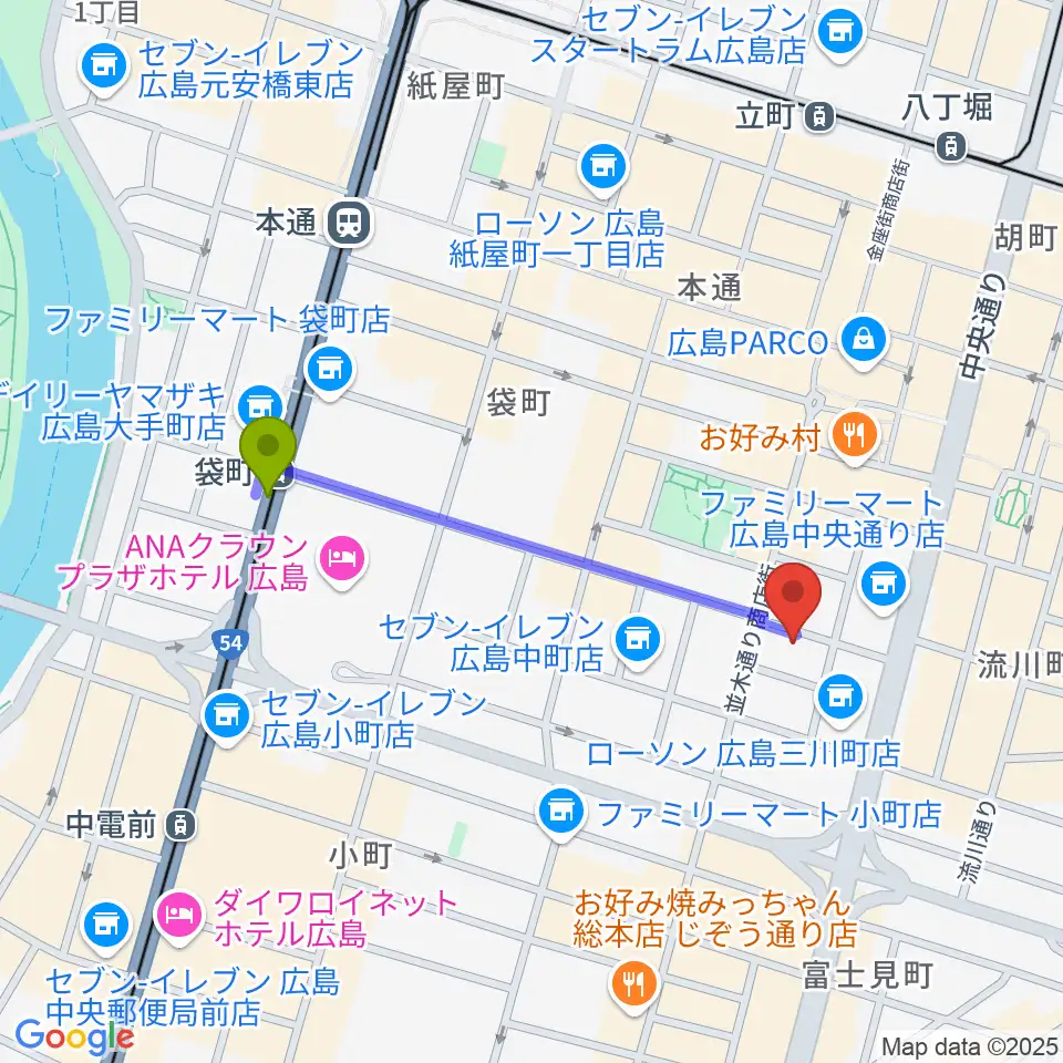 袋町駅から広島ダムレコーズへのルートマップ地図