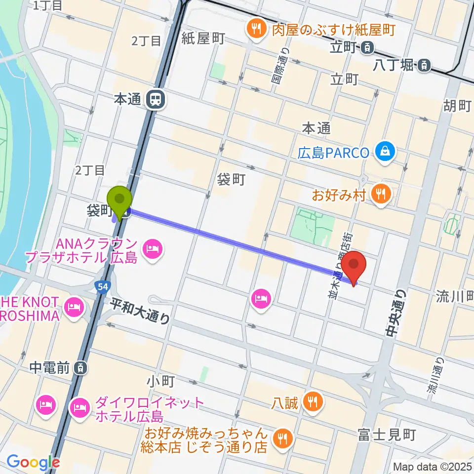 袋町駅から広島ダムレコーズへのルートマップ地図