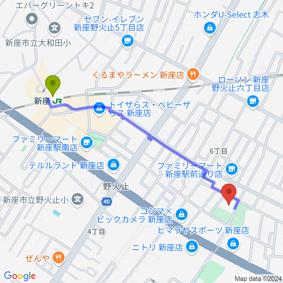 ふるさと新座館ホールの最寄駅新座駅からの徒歩ルート（約11分）地図