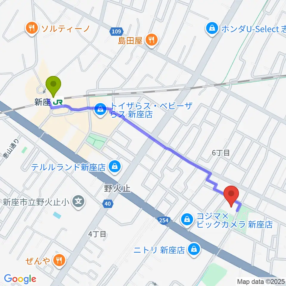 ふるさと新座館ホールの最寄駅新座駅からの徒歩ルート（約11分）地図