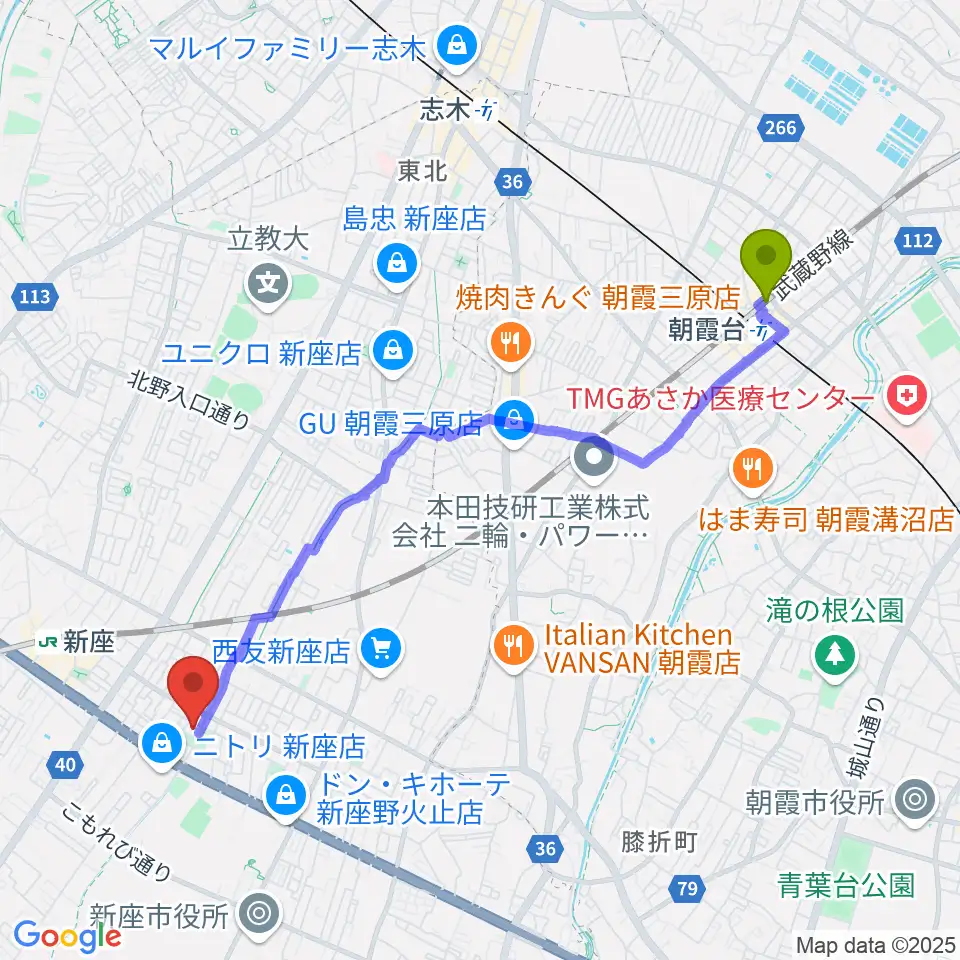 北朝霞駅からふるさと新座館ホールへのルートマップ地図