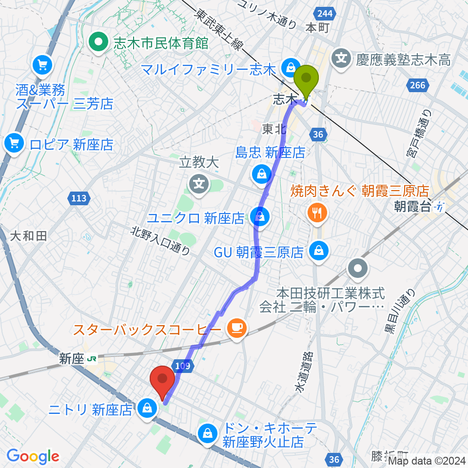 志木駅からふるさと新座館ホールへのルートマップ地図