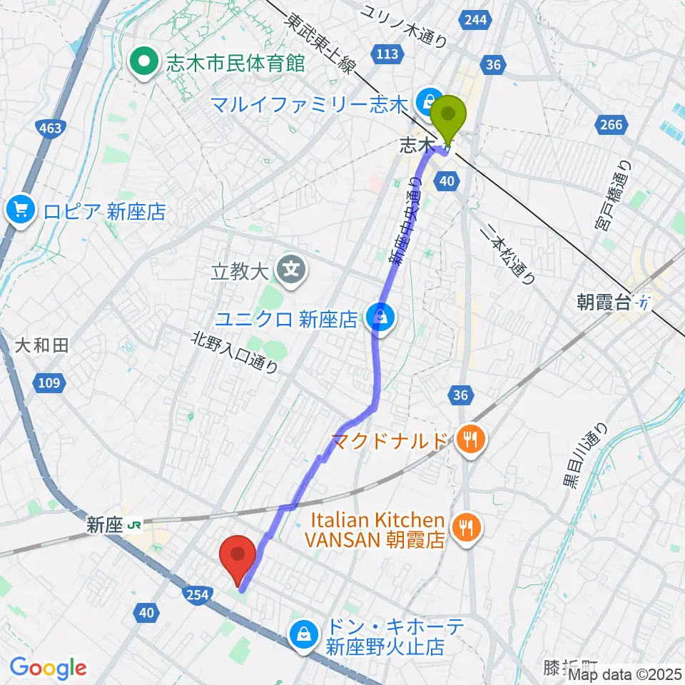 志木駅からふるさと新座館ホールへのルートマップ地図