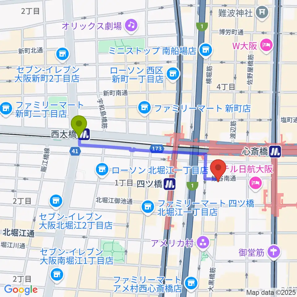 西大橋駅からRoot Down Recordsへのルートマップ地図