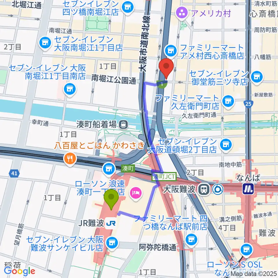 ＪＲ難波駅からGroovenut Recordsへのルートマップ地図