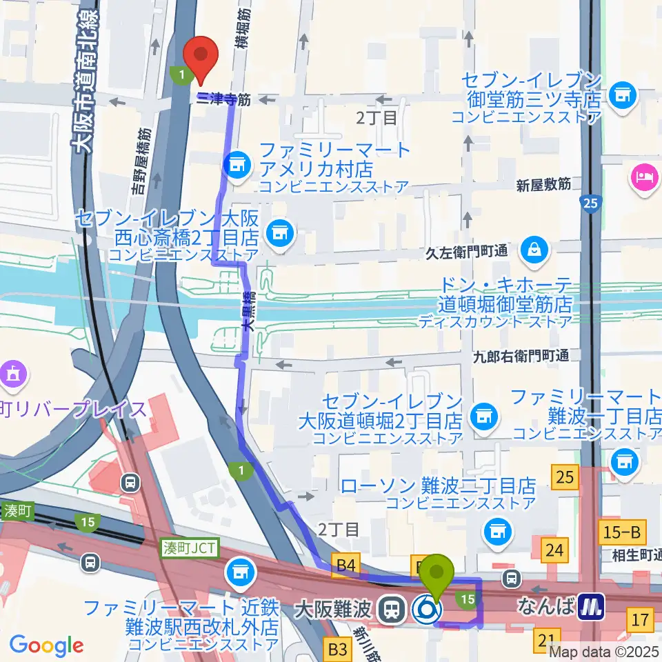 Groovenut Recordsの最寄駅大阪難波駅からの徒歩ルート（約7分）地図