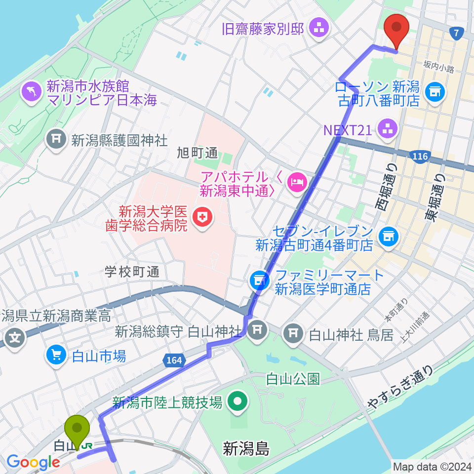 新潟 Live Bar Mushの最寄駅白山駅からの徒歩ルート（約33分）地図